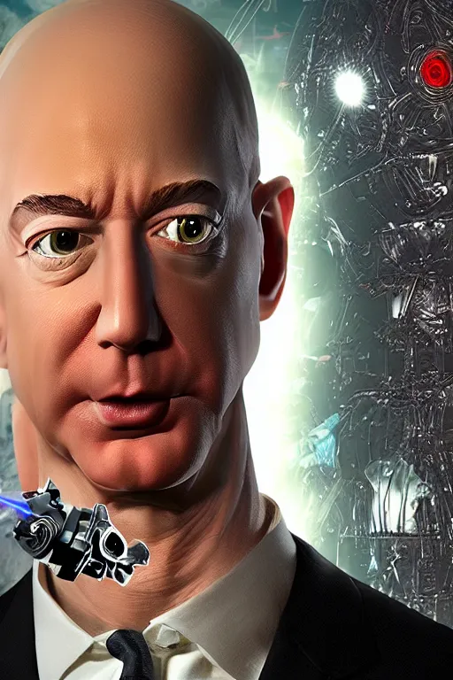 Image similar to jeff bezos as a filthy alien invader with a laser weapon, photorealistic, cinematic lighting, highly detailed, very intricate, by hr giger