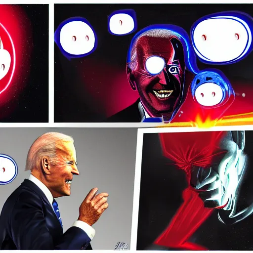 Image similar to joe biden with angry glowing red laser eyes. wrathful supervillain. laughter. science fantasy character concept art. best of artstation. ap photo.