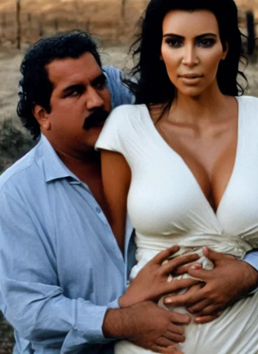 Prompt: film still of kim kardashian hugging Pablo Escobar, Pablo holding her waist, abandoned shack