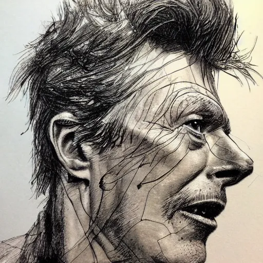Image similar to a realistic yet scraggly portrait sketch of the side profile of a stern and sophisticated david bowie, trending on artstation, intricate details, in the style of frank auerbach, in the style of sergio aragones, in the style of martin ansin, in the style of david aja, in the style of mattias adolfsson