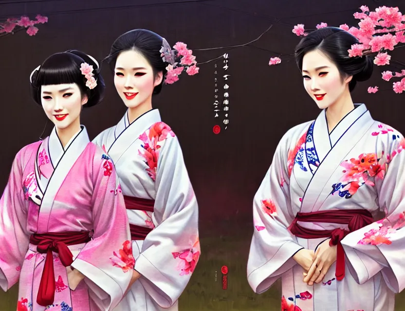 Image similar to two beautiful fashion taiwan girls wear elegant yukata in festival | | big eyes, summer night, realistic shaded, smile, good looking, fine details, 4 k realistic, cryengine, realistic shaded lighting poster by greg rutkowski, magali villeneuve, artgerm, jeremy lipkin and michael garmash and rob rey