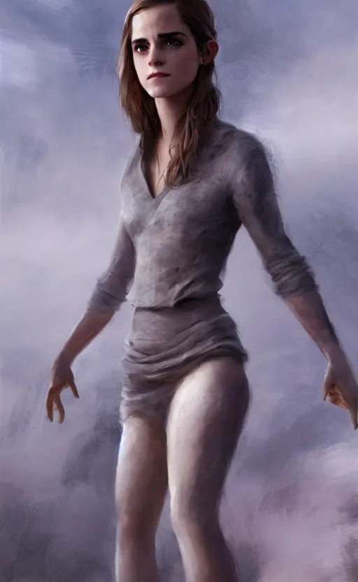 Image similar to emma watson with an very long torso, possibly extra limbs, intricate, detailed, volumetric lighting, digital painting, concept art, by artgerm and greg rutkowski