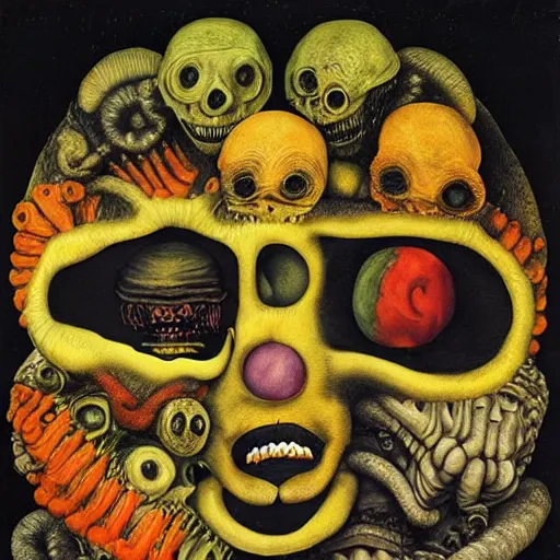 Image similar to album cover, aliens, black, white, orange, psychedelic, giuseppe arcimboldo