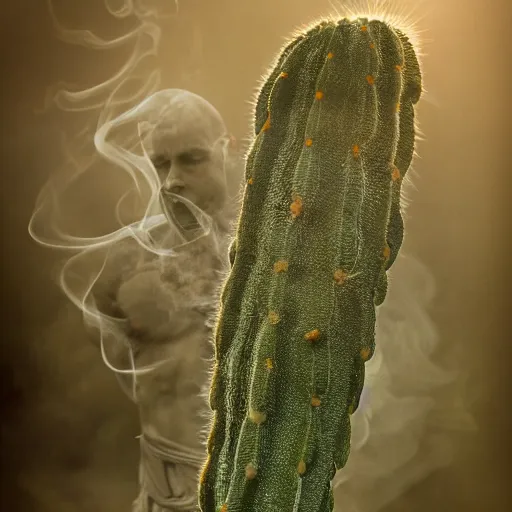 Image similar to spartan drinking tea with trichocereus background and smoke haze, photo in the style of the celestine prophecy