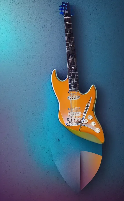 Image similar to award winning photograph of an electric guitar shaped as a bird of paradise, teal colors, 3 d hyperrealistic 8 k image style, detailed render, stunning studio photograph with dramatic lighting, depth of field