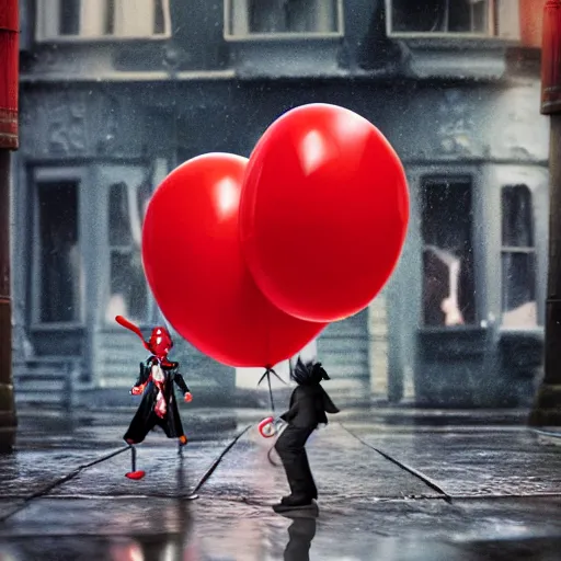 Prompt: pennywise clown offering a photorealistic red balloon to michael jackson dressed in moonwalker clothing holding an umbrella, rainy street corner, rain reflection on street, highly detailed, cinematic, concept art, smooth, sharp focus, 8 k, featured masterpiece on artstation
