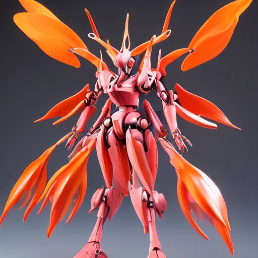 Image similar to futuristic gloriosa superba mecha flame lily body, sepals forming helmet, floral details, gloriosa, 8 k hd resolution, barbatos gundam with floral inlay, bandai box art, star wars, makoto kobayashi, frank gehry, raymond swanland