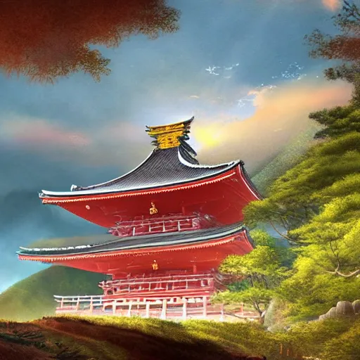 Prompt: A beautiful digital painting of a giant Japanese shrine at the top of a hill in the mountains, fantasy, by Greg Rutkowsky and James Gurney, trending on Artstation