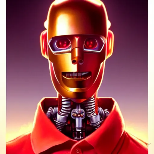 Image similar to the robot from the movie short circuit, wearing a red polo shirt, a gamestop setting, intricate, headshot, highly detailed, digital painting, artstation, concept art, sharp focus, cinematic lighting, illustration, art by artgerm and greg rutkowski, alphonse mucha, cgsociety, edward hopper