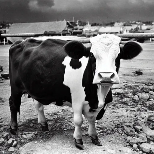 Image similar to ww 2 photograph of a buff cow staring at the camera, building rubble