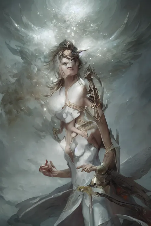 Image similar to beautiful girl warrior in white dress, casting magic spell, angel, magic storm and thunder clouds, fantasy, magic the gathering, hyper detailed, 3 d render, hyper realistic detailed portrait, peter mohrbacher, wlop, ruan jia, luis royo