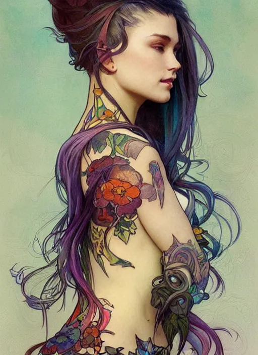 Image similar to a young woman with beautiful rainbow hair and lots of tattoos on her arms and chest. beautiful painting by artgerm and greg rutkowski and alphonse mucha