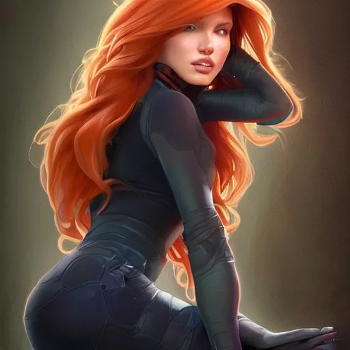 Image similar to ultra realistic illustration, bella thorne as kim possible, intricate, elegant, highly detailed, digital painting, artstation, concept art, smooth, sharp focus, illustration, art by artgerm and greg rutkowski and alphonse mucha