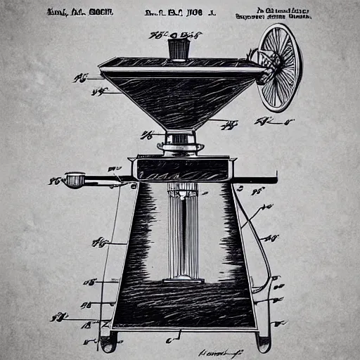 Image similar to plans for a horse - drawn coffee grinder in the style of thomas edison. patent filing. detailed. hd