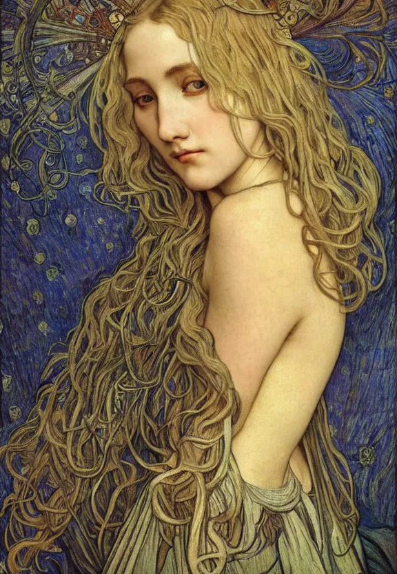 Image similar to detailed realistic beautiful young medieval queen face portrait by jean delville, alphonse mucha, vincent van gogh, and marco mazzoni, art nouveau, symbolist, visionary, gothic, pre - raphaelite