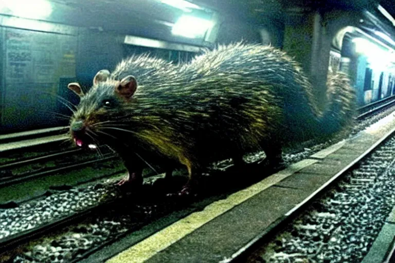 Image similar to very large giant mutant zombie irradiated ( angry rat ) staying on railways in tonnel of moscow subway. tonnel, railways, giant angry rat, furr, fangs, claws, very realistic. fog, extreme long shot, herman nitsch, giger.