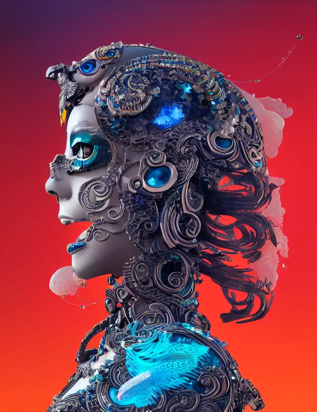 Image similar to 3 d goddess cyborg close - up profile portrait with ram skull. beautiful intricately detailed japanese crow kitsune mask and clasical japanese kimono. betta fish, jellyfish phoenix, bio luminescent, plasma, ice, water, wind, creature, artwork by tooth wu and wlop and beeple and greg rutkowski