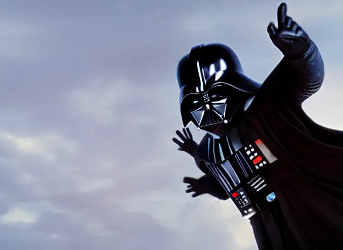 Image similar to film still of Darth Vader jumping up in joy over his great success in the new Star Wars movie, 4k