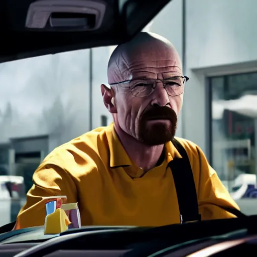 Image similar to walter white working at mcdonalds, stressed, serving at drive thru, photorealistic, hd, 4k, natural lighting, cinematic