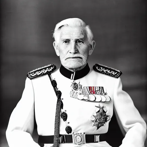 Image similar to his majesty the king, a gruff man in his late 8 0 s with a stern look and flowing white hair, his military uniform filled with medals, black and white photography, kodak retina i, 3 5 mm, photo taken 1 9 3 3