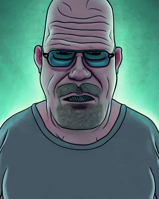 Image similar to portrait of ron perlman in the style of justin roiland. heisenberg from breaking bad. cinematic lighting. style of rick & morty. photographic, photography. by justin roiland