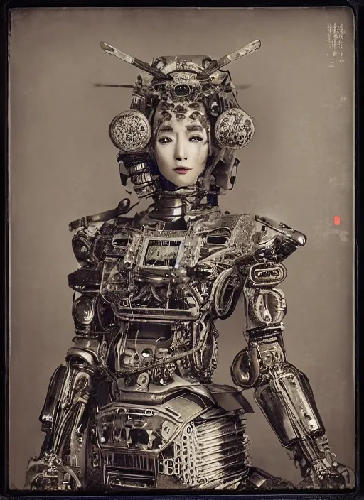 Image similar to old wetplate daguerreotype frame portrait of a futuristic silver armored geisha district 9 cyborg with computer mainframe screens, fractal, intricate, elegant, highly detailed, subsurface scattering, by jheronimus bosch and greg rutkowski and louis jacques mande daguerre