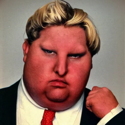 Image similar to photograph of a tall, angry, slightly obese man in his mid 7 0's, with blonde hair and an orange face, wearing a dark blue suit, a white shirt, and a red tie