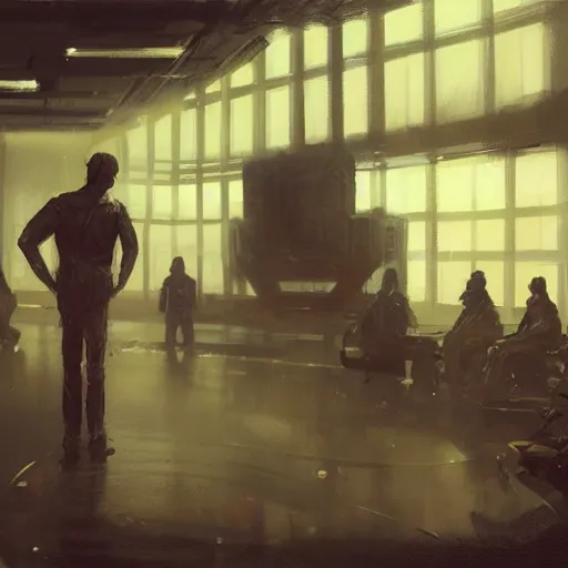 Image similar to concept art by greg rutkowski, a very tall, and slender man with short black hair, sitting with the crew in the ship's flight deck, brutalist futuristic interior, dark lighting atmosphere, detailed portraits, nostalgic atmosphere, scifi, digital painting, artstation, concept art, smooth, sharp foccus ilustration, artstation hq