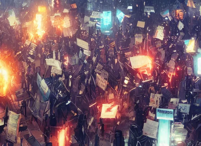 Image similar to angry protesters holding placards, digital illustration by greg rutkowski, cyberpunk, android netrunner