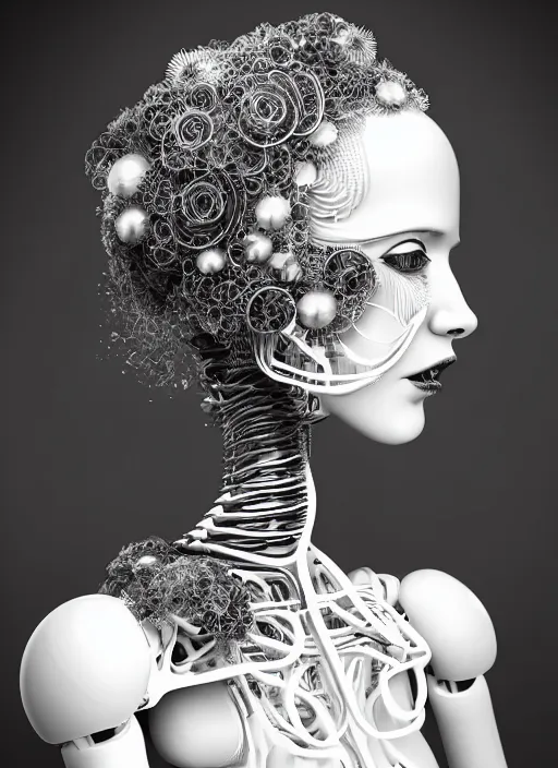 Prompt: black and white dreamy profile face portrait, biomechanical beautiful angelic young female cyborg - robot - doll with long white curly hair, body ribs meshes, volumetric light, hibiscus flowers, rim light, big gothic fashion pearl embroidered collar, 1 9 3 0, 8 k