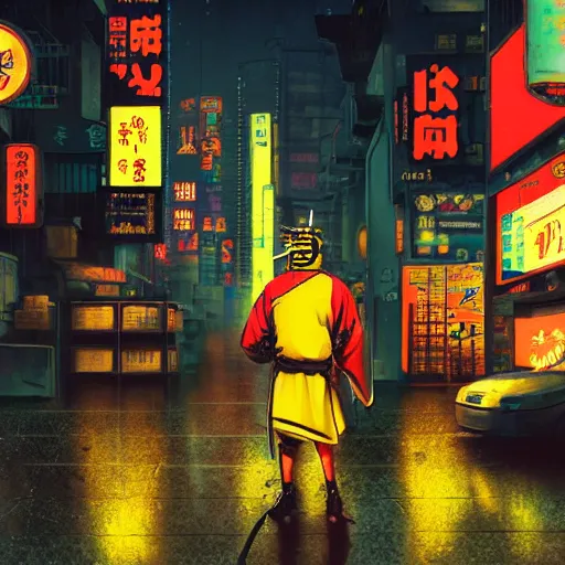 Image similar to close view matte painting of a japan samurai in gasmask, with atomic yellow backpack, holding katana in right hand, cyberpunk city on the background, rainy night, neon glow concept art, smooth, sharp focus, illustration, by Makoto Shinkai, Peter Andrew Jones and Greg Rutkowski