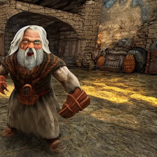 Prompt: glitched angry old dwarven God destroys poor village in Dagestan by his enourmous high detail nose rtx mode on