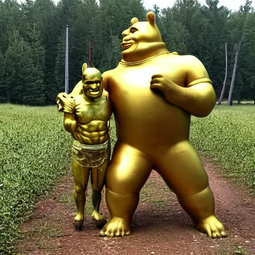 Image similar to drunk russians find a golden Shrek statue in a field, 4k, 8k high detailed