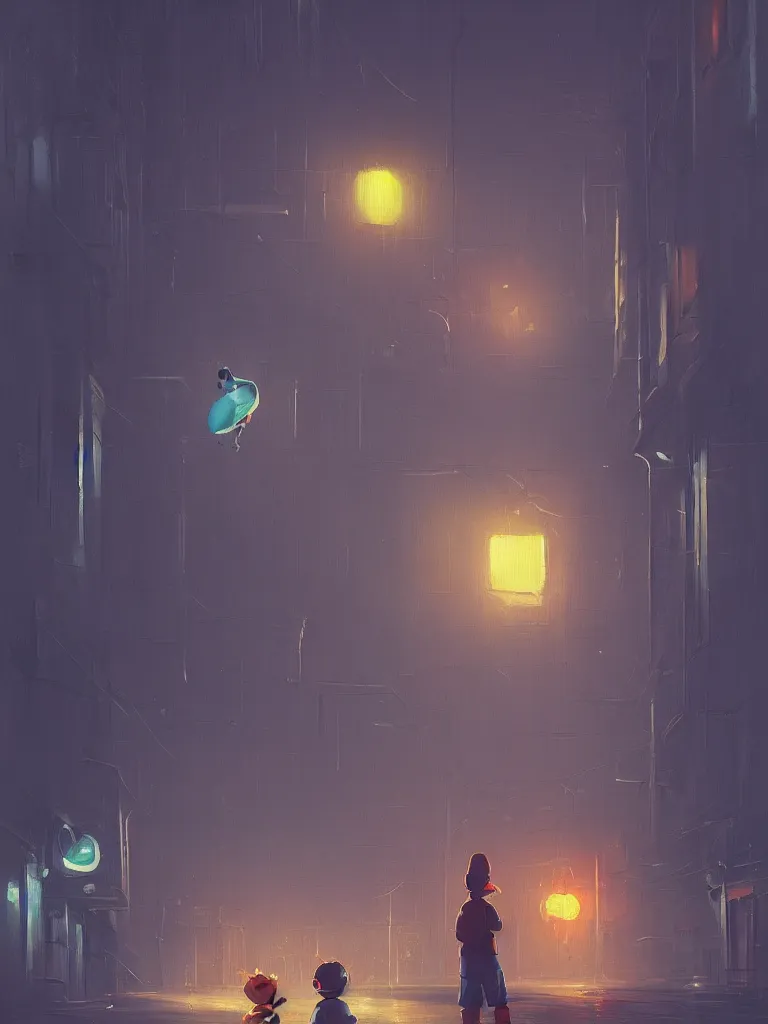 Prompt: a single little boy, two oranges and a white rabbit in a dark alley city with neonlights by night a painting from stalenhag, 4 k, 8 k, hdr, artstation, concept art