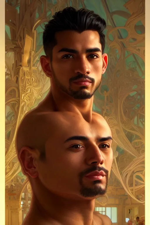 Image similar to clear portrait of a latino attractive men, cottagecore!! background, hyper detailed, character concept, full body, dynamic pose, glowing lights!! intricate, elegant, highly detailed, digital painting, artstation, concept art, smooth, sharp focus, illustration, art by artgerm and greg rutkowski and alphonse mucha