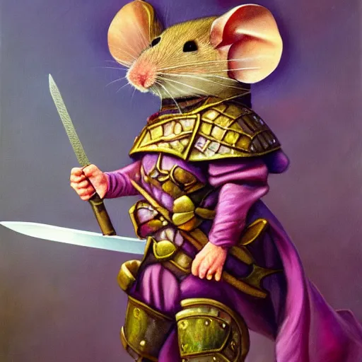 Image similar to armored mouse warrior holding a sword reaches for a floating purple crystal, Oil Painting, RPG Portrait, 8k scan