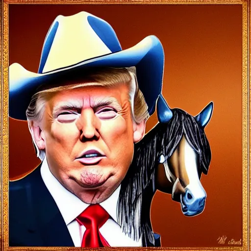 Prompt: Donald Trump dressed as a cowboy next to a horse, very detailed, sharp, 2d, 4k