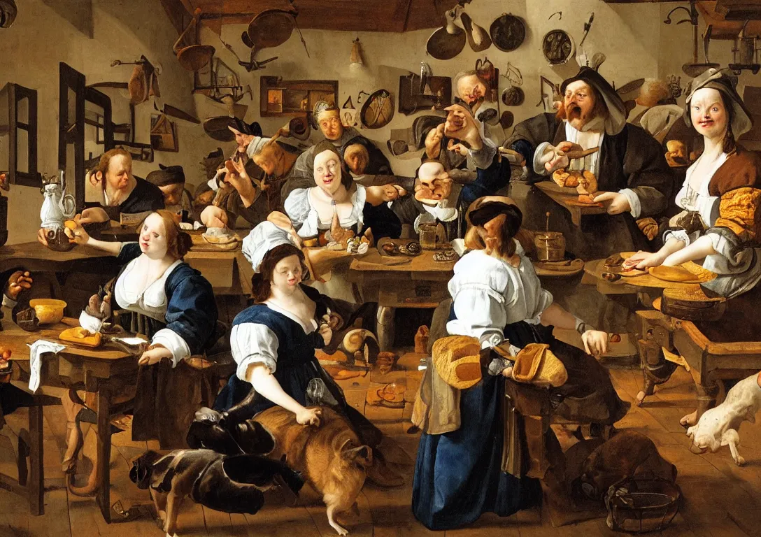 Prompt: Jan Steen. Magnificent woman in the center staring at us. Tavern. Wineglass. Pig, dog, duck, window. low ceiling, small chamber. Hyperrealistic, ultra detailed, 80mm, museum, artwork.