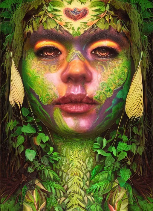 Prompt: the ayahuasca vine plant spirit mixed with the face of a beautiful indigenous woman with a third eye in the jungle, face painted in green, fractals, beautiful colors, matte painting, by christophe vacher