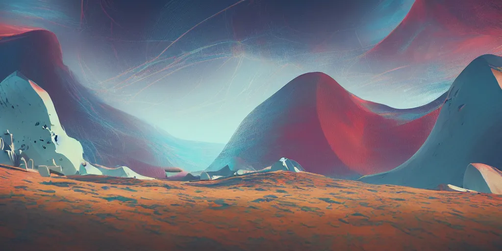 Image similar to abstract 3d landscape painting at noon painted by james jean and zaha hadid in no mans sky style, redshift, octane