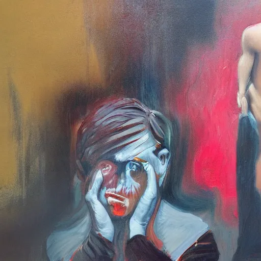 Image similar to wandering in sad childhood memories, smoking weed, mental health, derealisation, disconnected, oil painting, by francis bacon, emotional conflict, hd, 8 k, trending on artstation, paradoxal, perfect framing, neo - expressionism, expressive, masterpiece