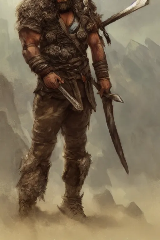 Image similar to a full body fantasy portrait oil painting illustration of a single rugged stoic barbarian man by Justin Sweet with face and body clearly visible, d&d, rpg, forgotten realms, artstation trending, high quality, sombre mood, artstation trending, muted colours, no crop, entire character,