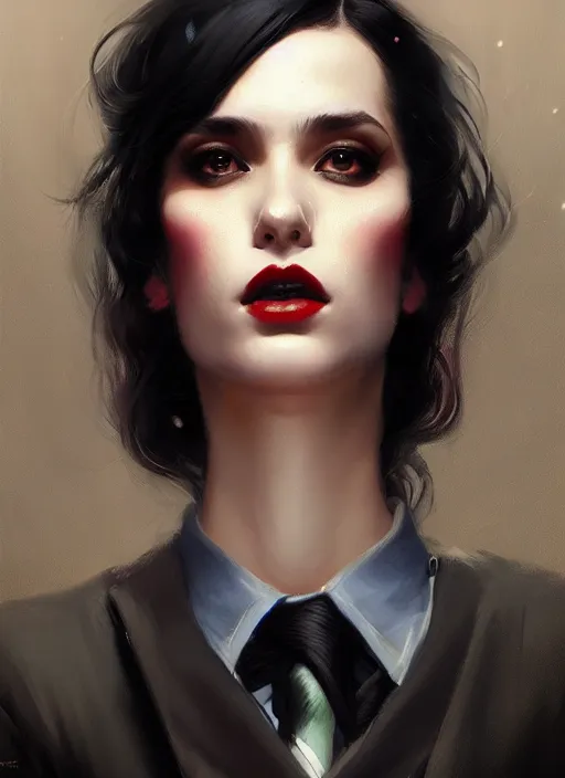 Image similar to a ultradetailed beautiful panting of a stylish woman wearing a shirt with a tie, she has black hair, disressed, background explosion, tom bagshaw and jon foster, greg rutkowski on artstation