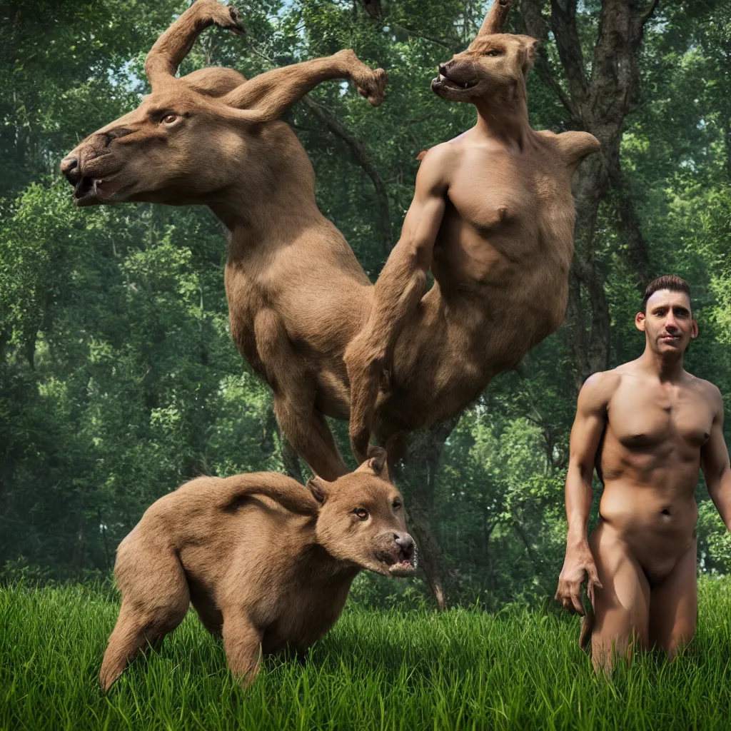 Image similar to animal human hybrid posing in a natural landscape, hyperreal 3d render, unreal engine