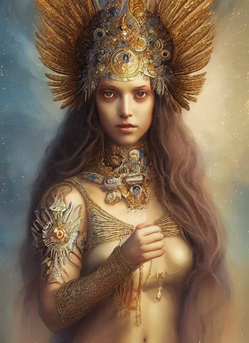 Image similar to A beautiful digital painting of a female Seraphim full of jewels, princess, the moon behind her, intricate, cinematic lighting, highly detailed, digital painting, Artstation, concept art, smooth, sharp focus, illustration, art by Tom Bagshaw, Artgerm and Greg Rutkowski