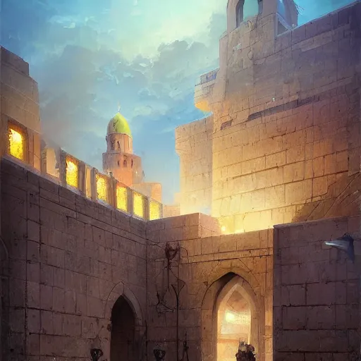 Prompt: erbil citadel, oil painting by jordan grimmer and marc simonetti