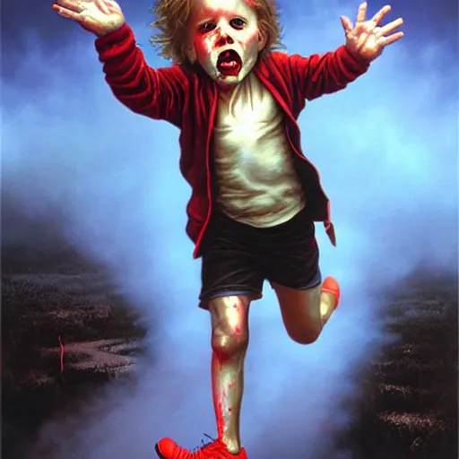 Image similar to a running child disappearing into vapor, mist, smoke, blood, scissors in hand, a detailed matte painting by Jason Edmiston