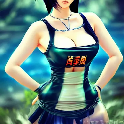 Image similar to a beautiful young japanese hitomi tanaka alluring instagram model in elaborate latex tank top, jrpg tank top made from latex demon faces, concept art by akira toriyama and wlop and ilya kuvshinov and artgerm and studio ghibli, aesthetic, gorgeous, stunning, alluring, attractive, artstation, deviantart, pinterest, digital art