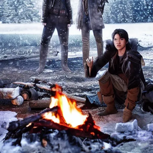 Prompt: a movie still from final fantasy live action, a traveler alone by the campfire in the snow