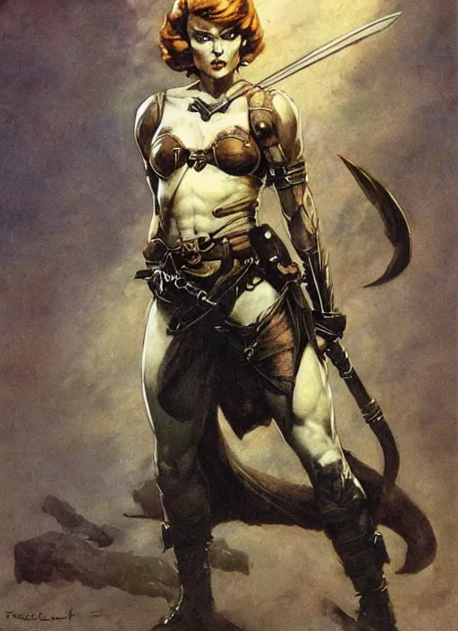 Image similar to portrait of strong female ranger, beautiful! coherent! dungeons and dragons character, by frank frazetta, by brom, strong line, deep color, leather armor, short buzzed hair, high contrast